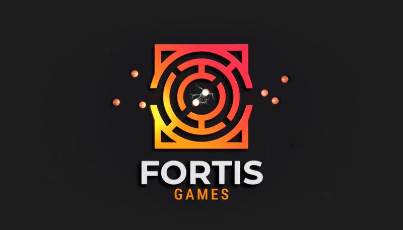 Black background with the Fortis logo in gradient red to yellow in a diagonal from top right to bottom left. There are 3 orange balls on each sides coming from the core of the logo which has 2 balls of light crashing into each other. At the bottom the text "FORTIS" in white and underneath "GAMES" in orange.