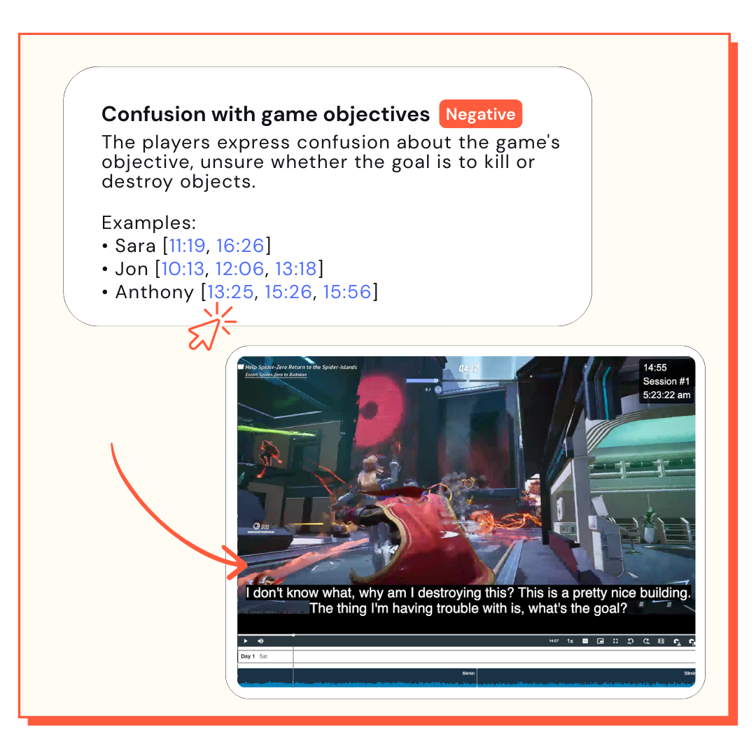 Image shows a screenshot of the AI analysis with timestamps of the recordings that you can click. Underneath there's the screenshot of what would pop up when clicking on the timestamps: that piece of the recording where the player expressed that particular insight.
