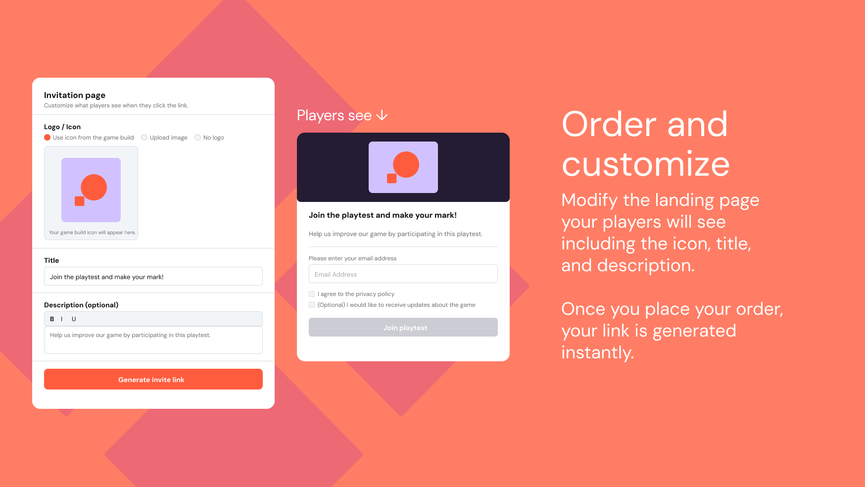 Orange and pink background showing the ordering form with the customization options.