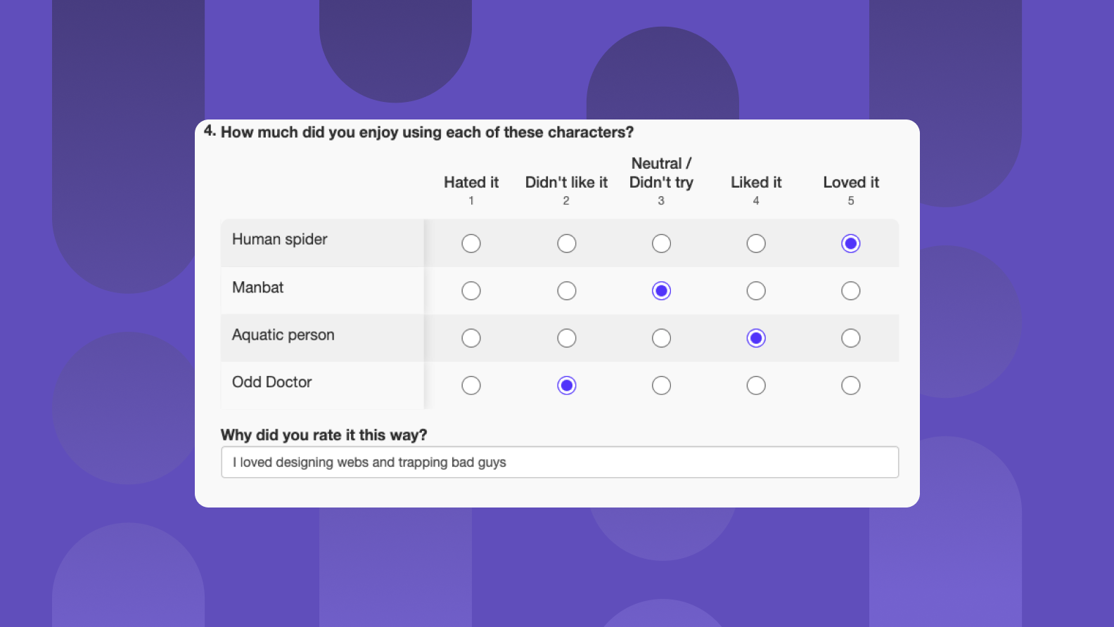 Purple background with lines and dot pattern, on top the screenshot of how the matrix questions look on the Player Insights Platform.