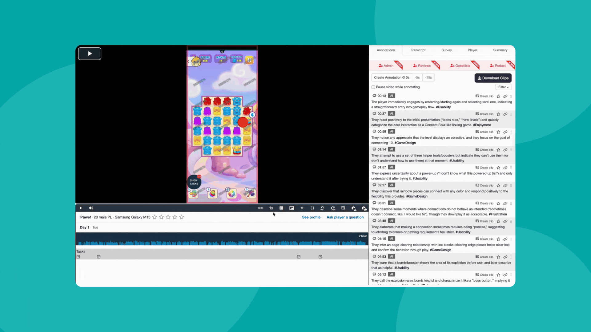 Rating system on the platform in action. The 5 stars are placed under the plater video and become teal colored when a rate is given.