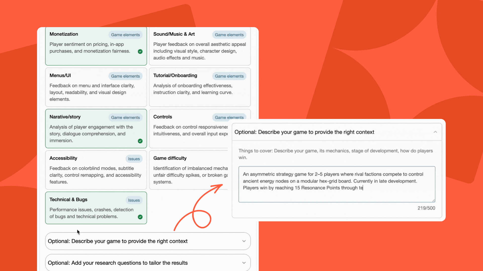 Categories selection in action and arrow pointing to the window where you can write the game context.