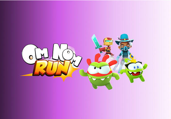 Om Nom Run Logo with characters of the game on the right