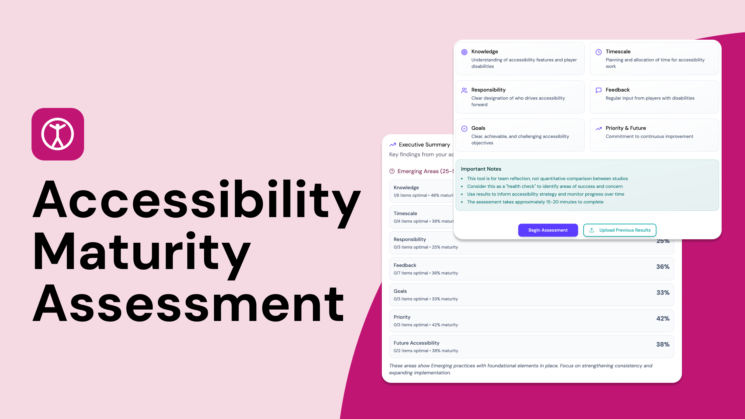 Pink and fuchsia background showing the Accessibility Maturity Assessment tool.