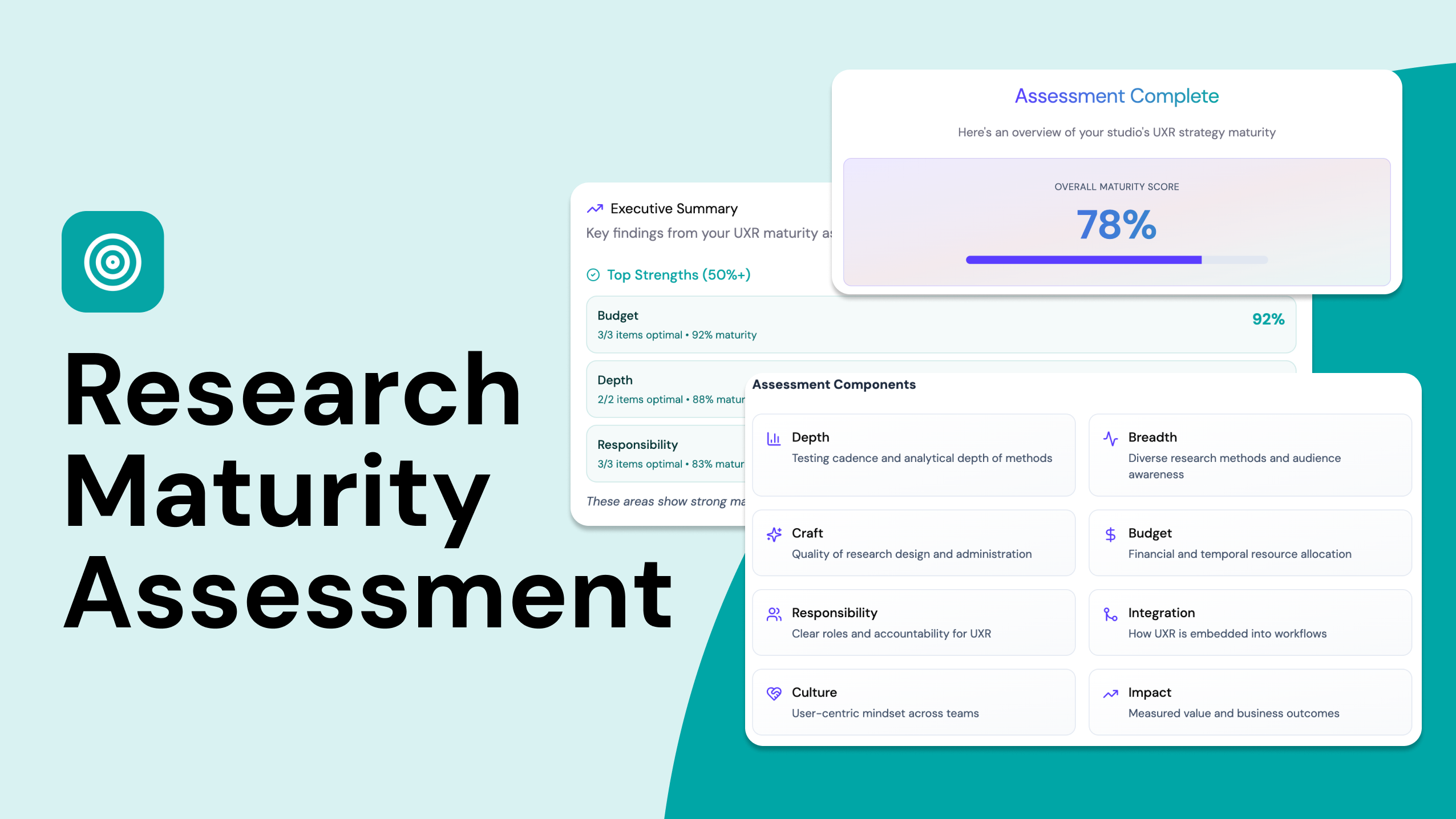 Teal background showing the Research Maturity Assessment tool.