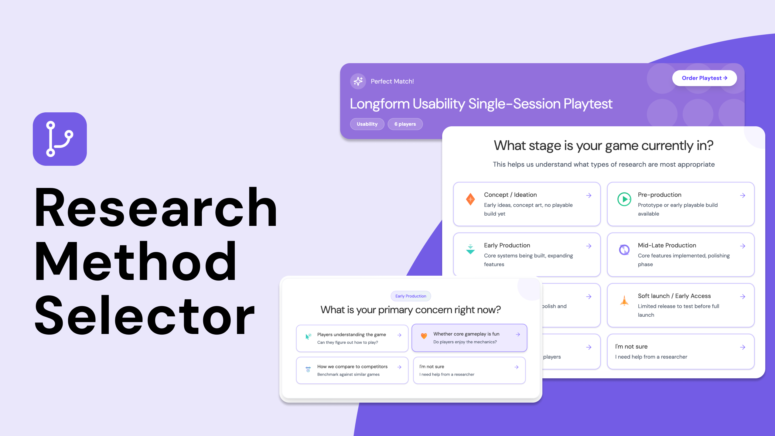 Violet and lilac background showing the Reseach Method Selector tool.