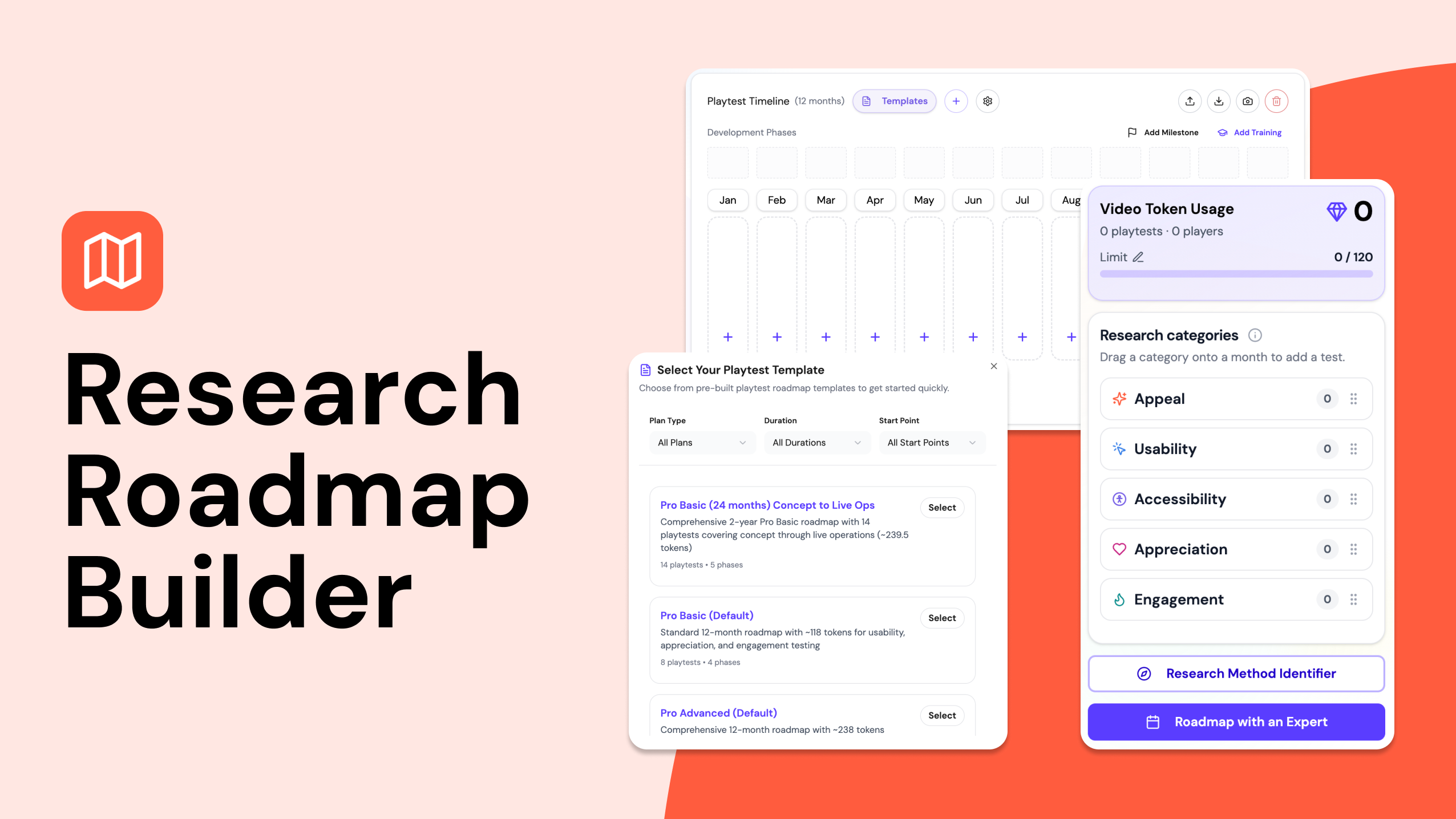 Orange background showing the Research Roadmap Builder tool.