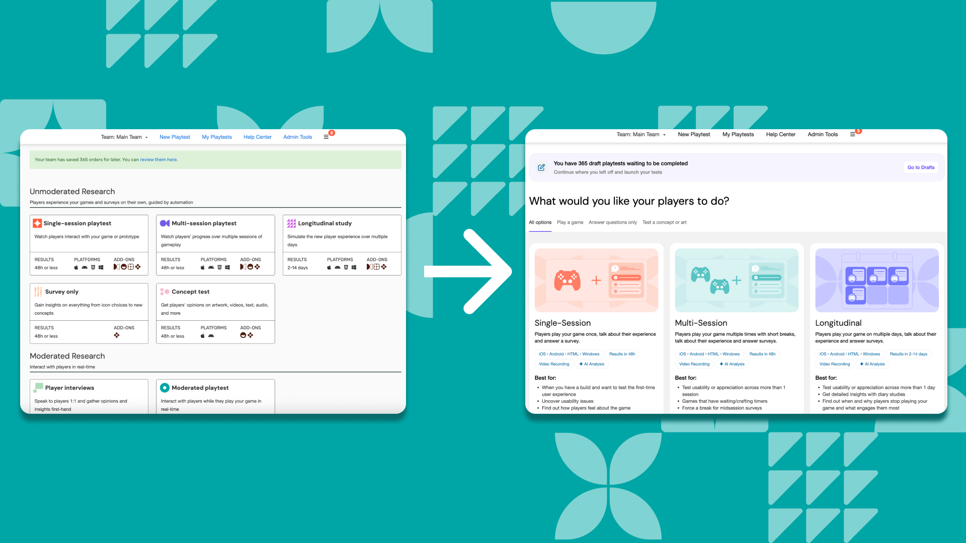 The Playtest order page before (on the left) and after (on the right), an arrow in the middle is showing the change. All with teal Background and a lighter teal pattern.