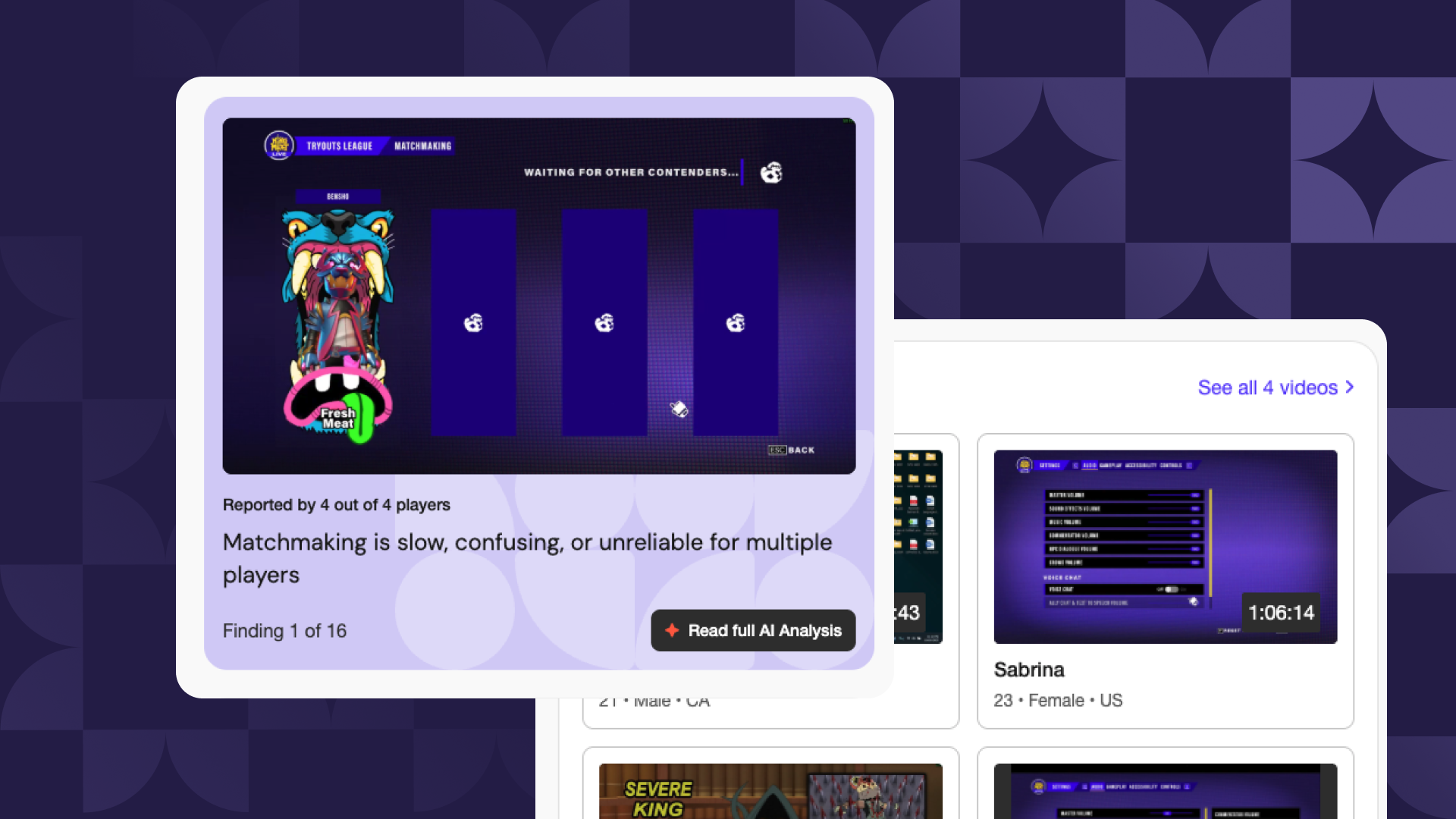 two screenshots from the playtest results page with the new design: on the left the general overview, and on the right the player videos.
