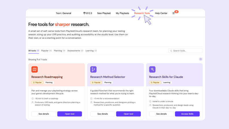 The Research Tools in the Player Insights Platform: a pointer is pointing at the upper menu, highlighting the "Research Tools" section. Clicking on it will bring you to the main page with the 7 frameworks.