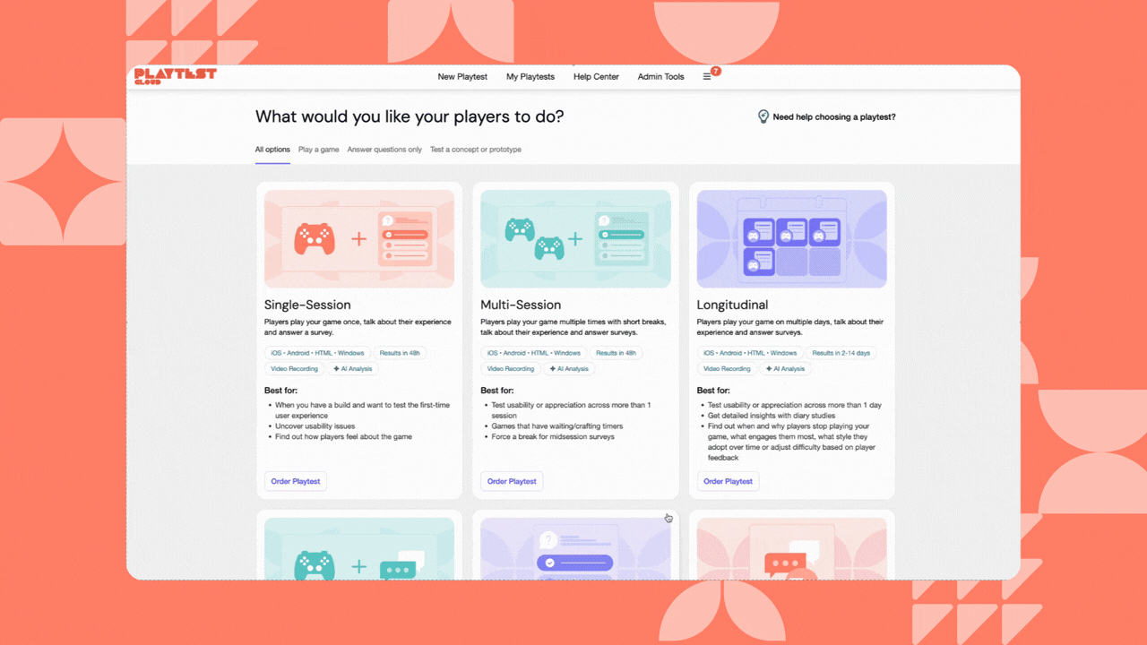 Research method identifier tool in action on the playtest selection page.