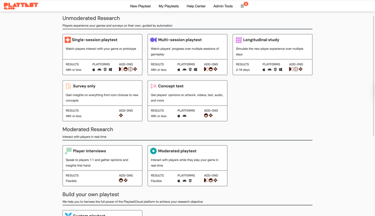 PlaytestCloud order page with all the different playtestting services.