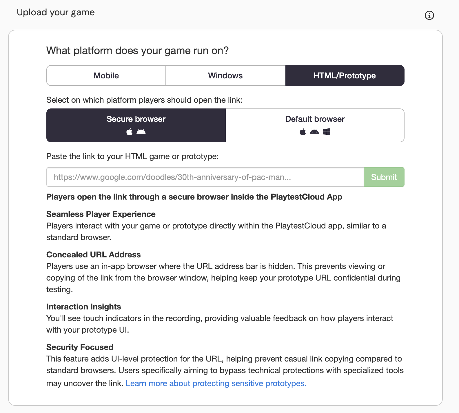 The new feature "Secure Browser" available now for Windows too when uploading the prototype to the PlaytestCloud Platform.