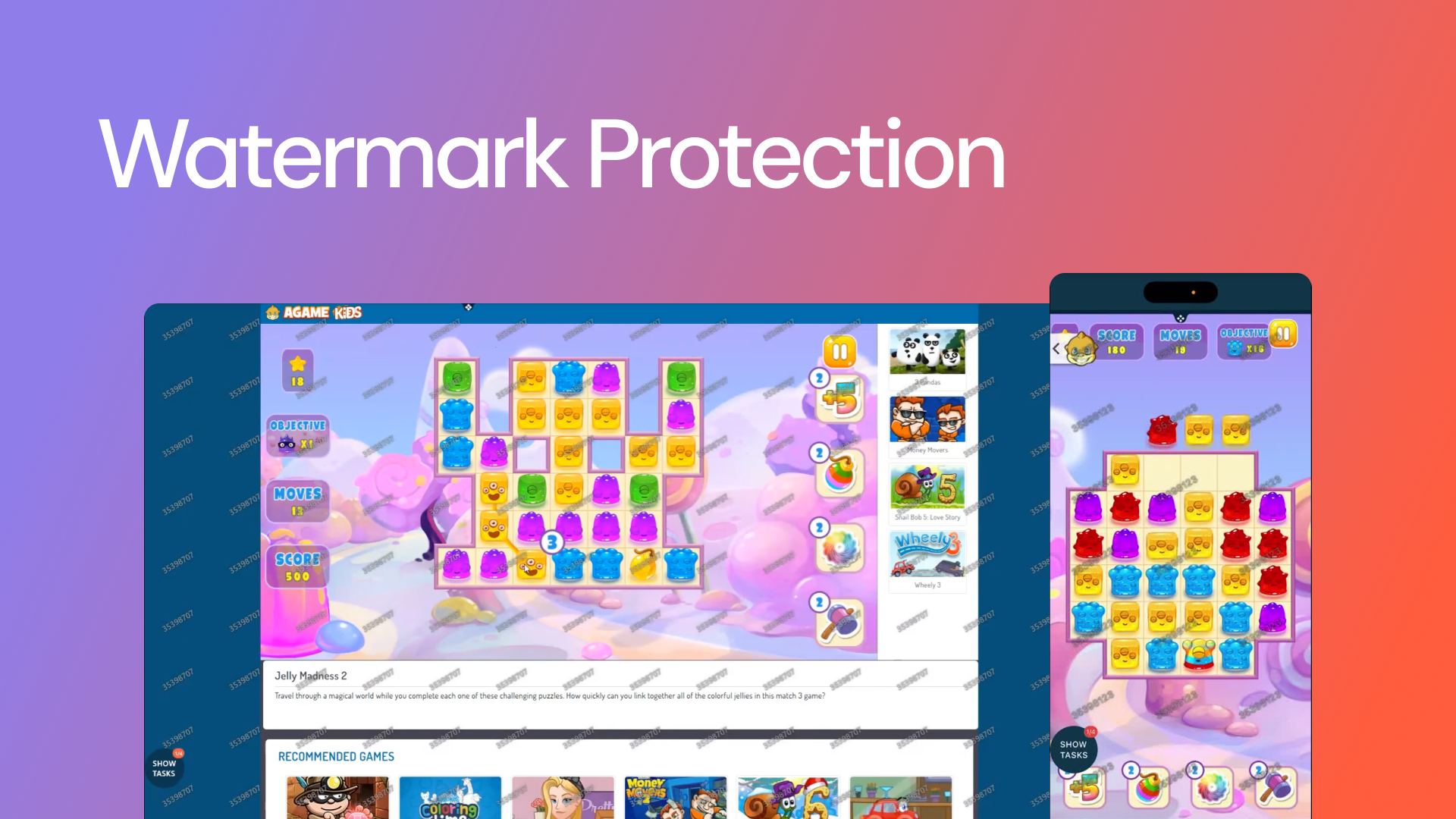 Lila and spicy red background with header reading: Watermark Protection. Underneath two screenshots of how the watermarking feature looks on player videos. 