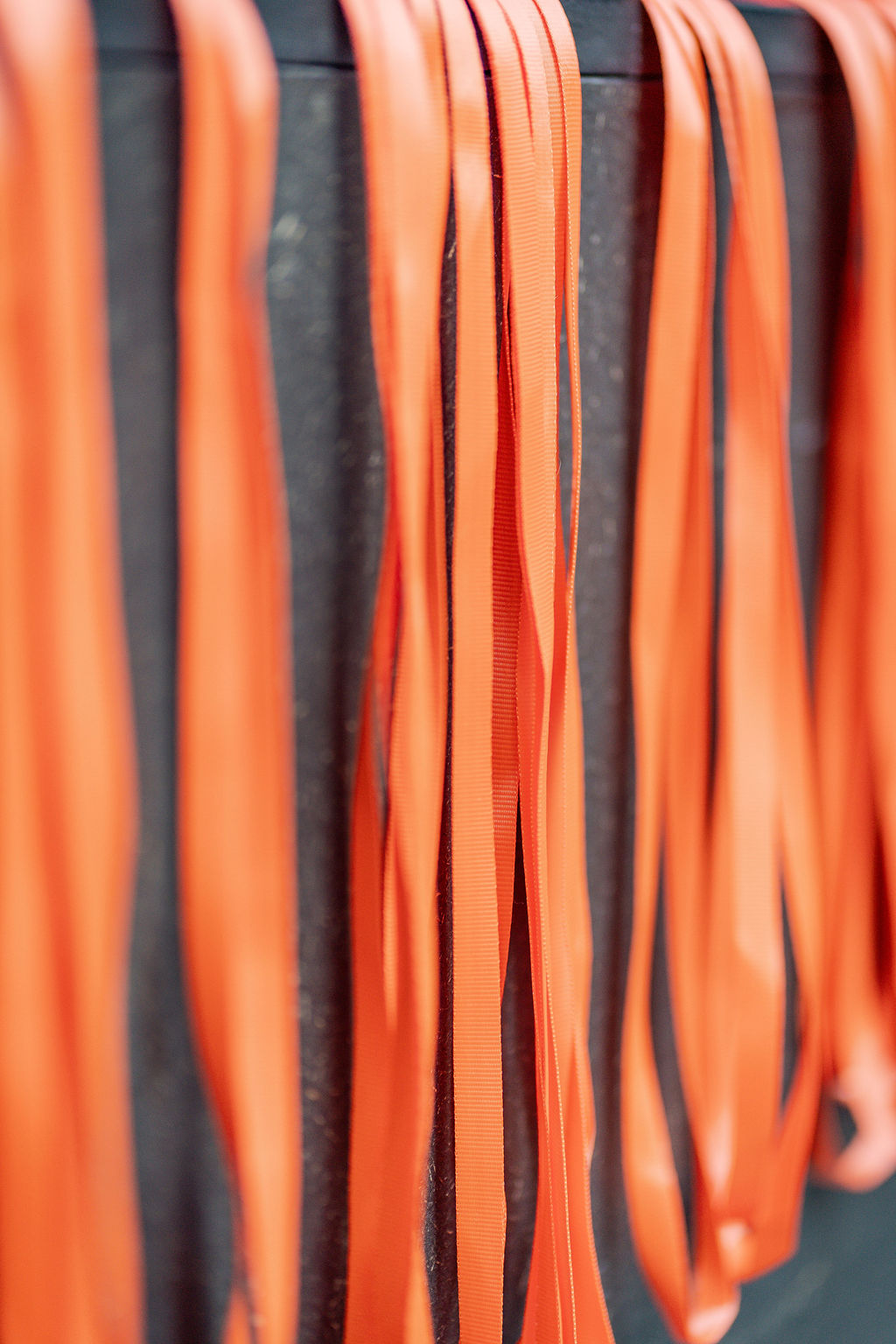 The badges lanyards in orange all lined up.